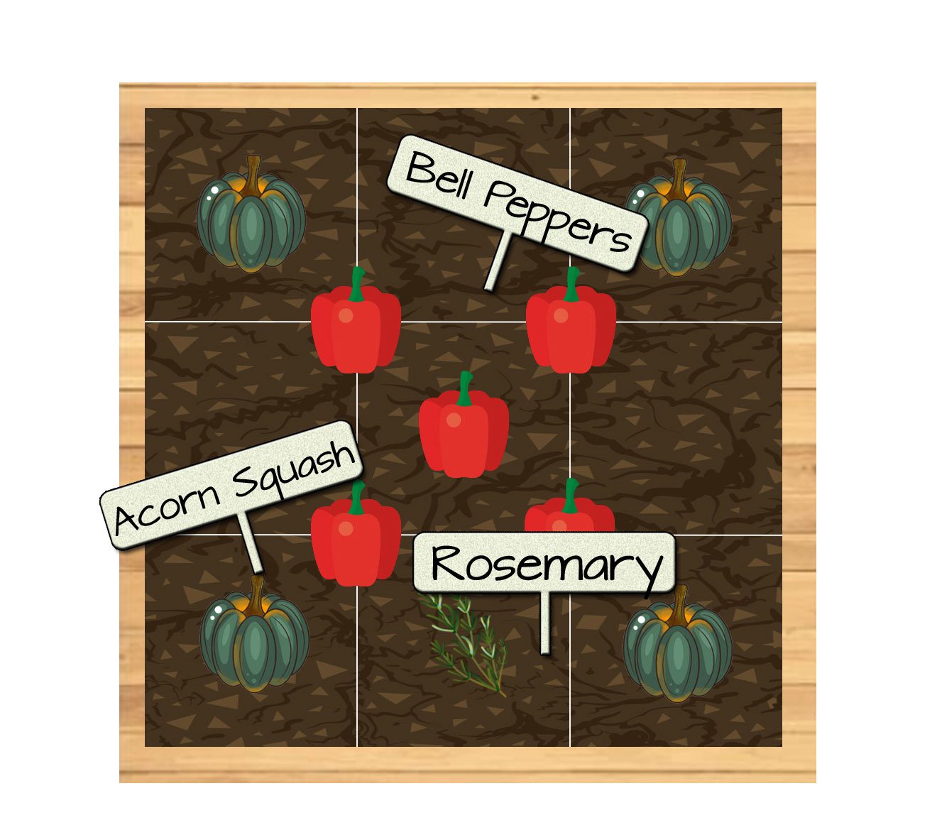 Raised Bed Vegetable Garden Plan 3 - Bell Peppers, Rosemary, and Acorn Squash