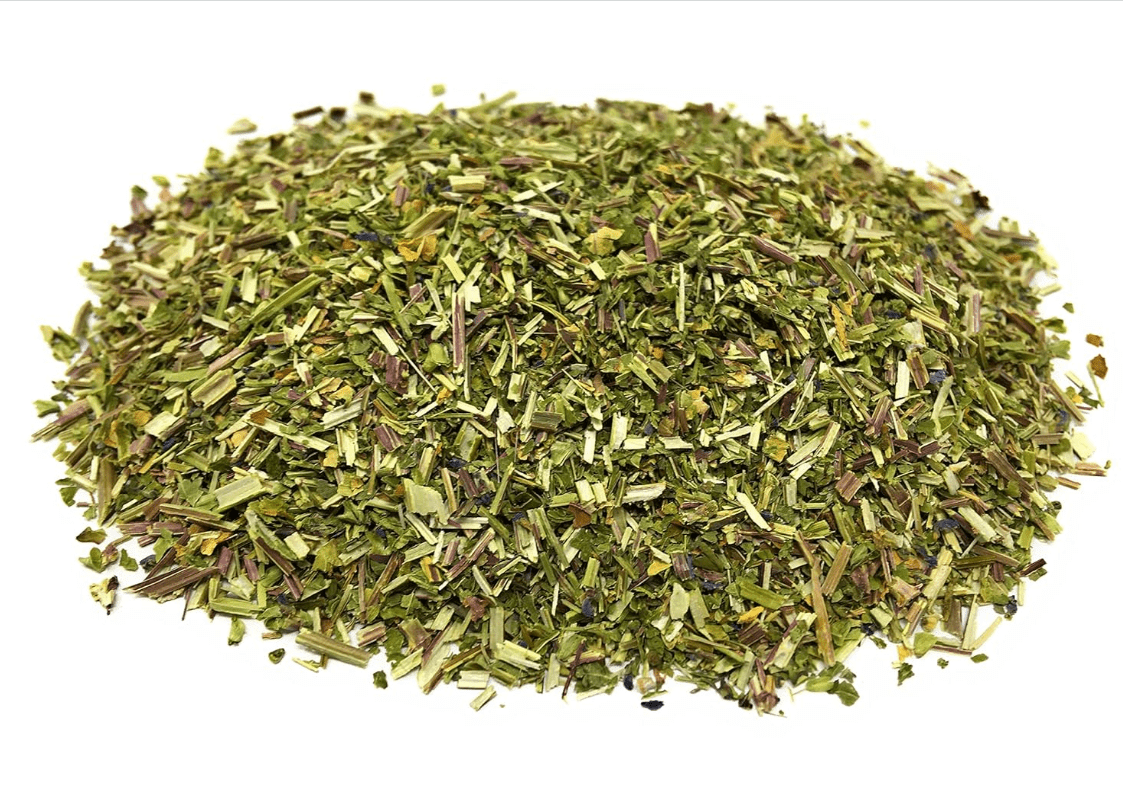 Dried green herb mixture, possibly used for herbal teas or remedies, displayed on a white background. Happy Tea: Uplifting Herbs for the Winter Blues