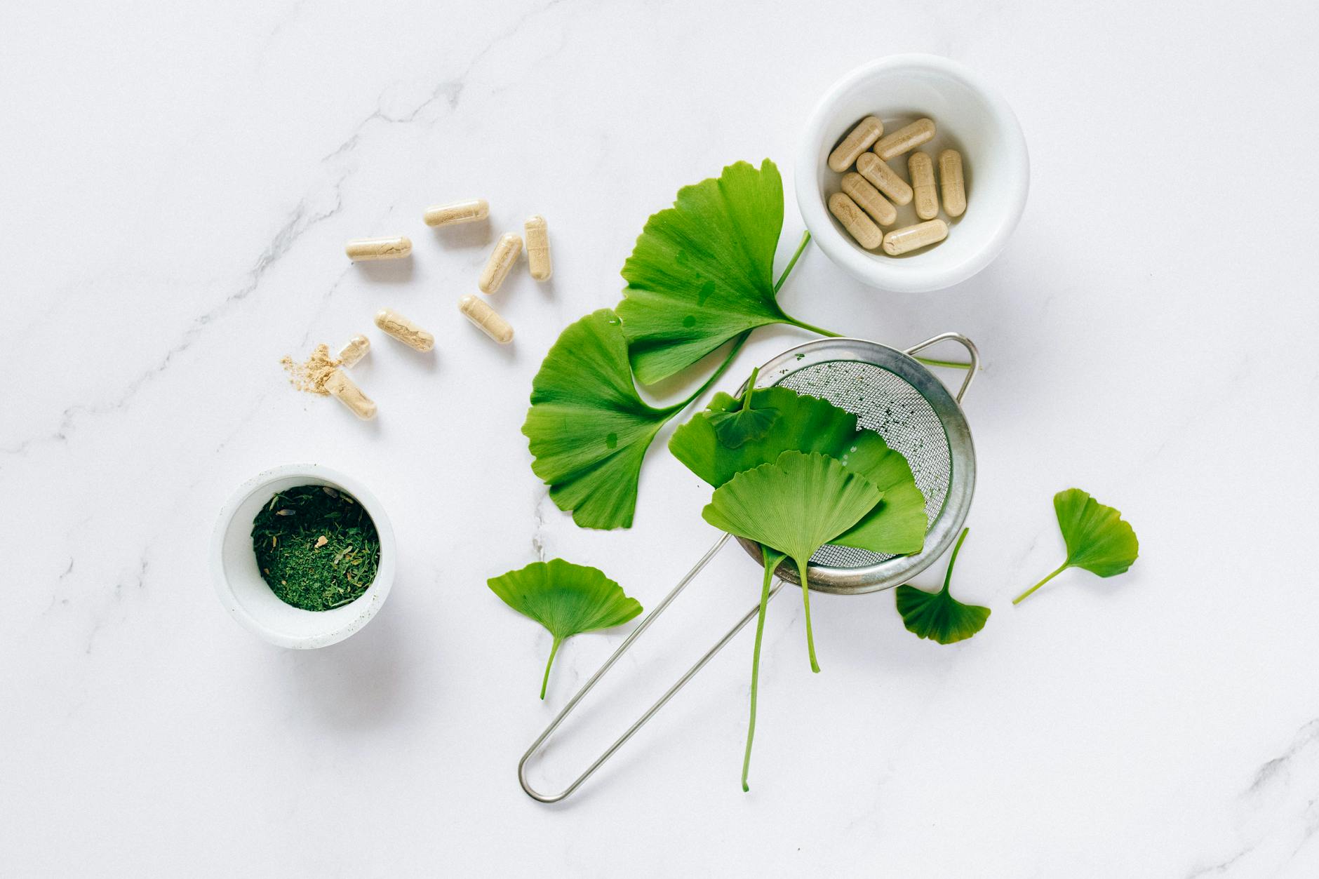 ginkgo leaves and a strainer Happy Tea: Uplifting Herbs for the Winter Blues
