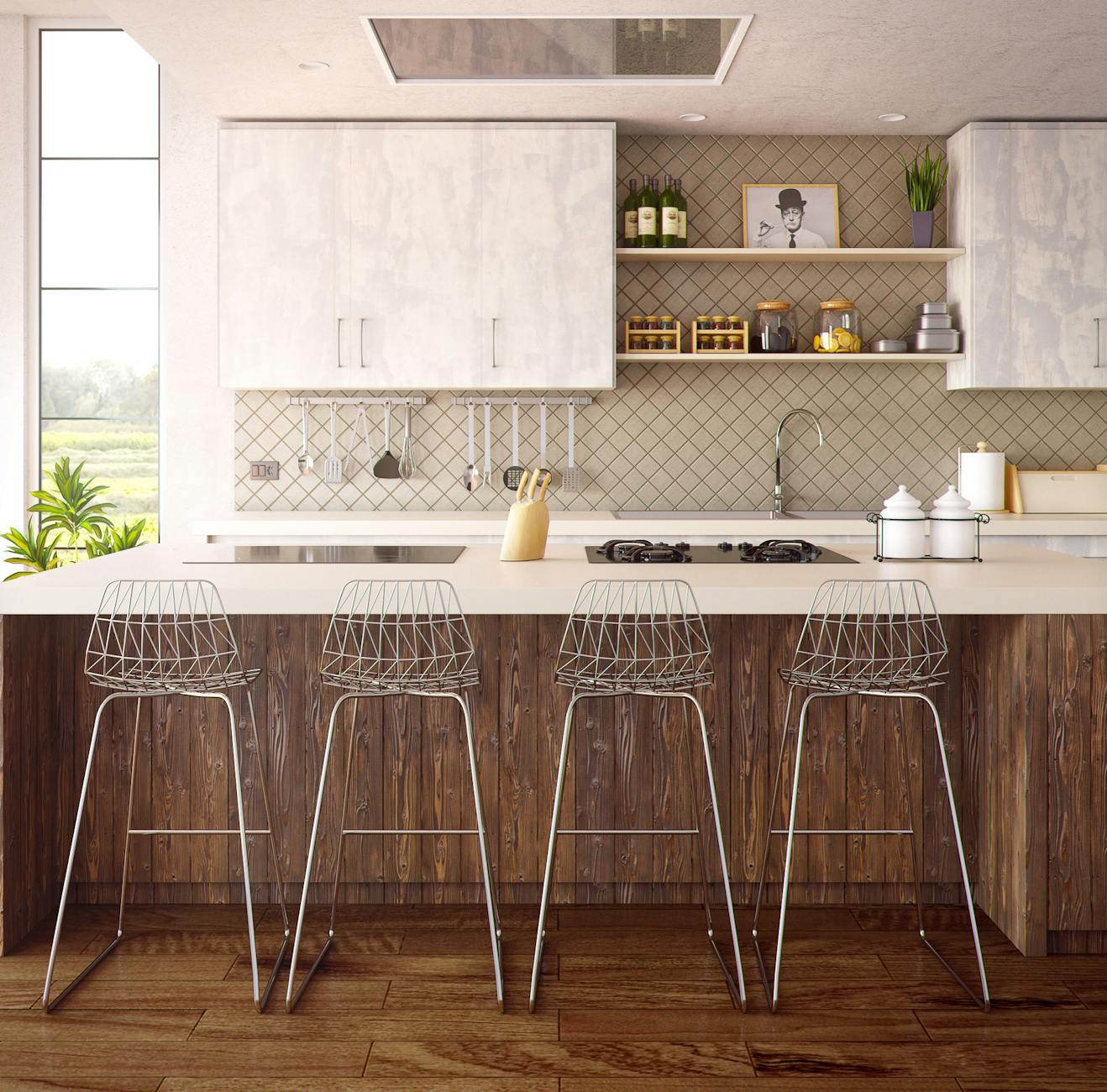 Eco-Friendly Home Renovations four gray bar stools in front of kitchen countertop