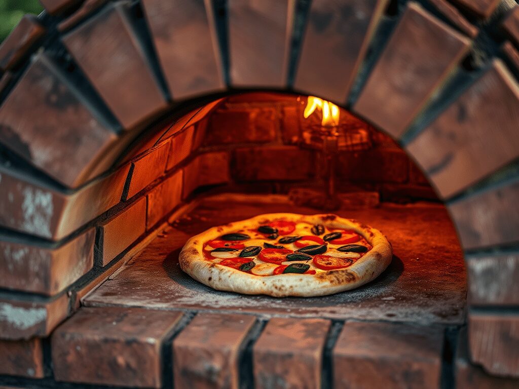 inside of a pizza oven with pizza