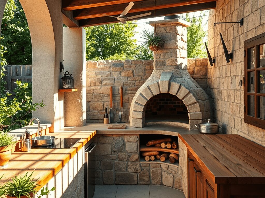 Outdoor kitchen with stone pizza oven