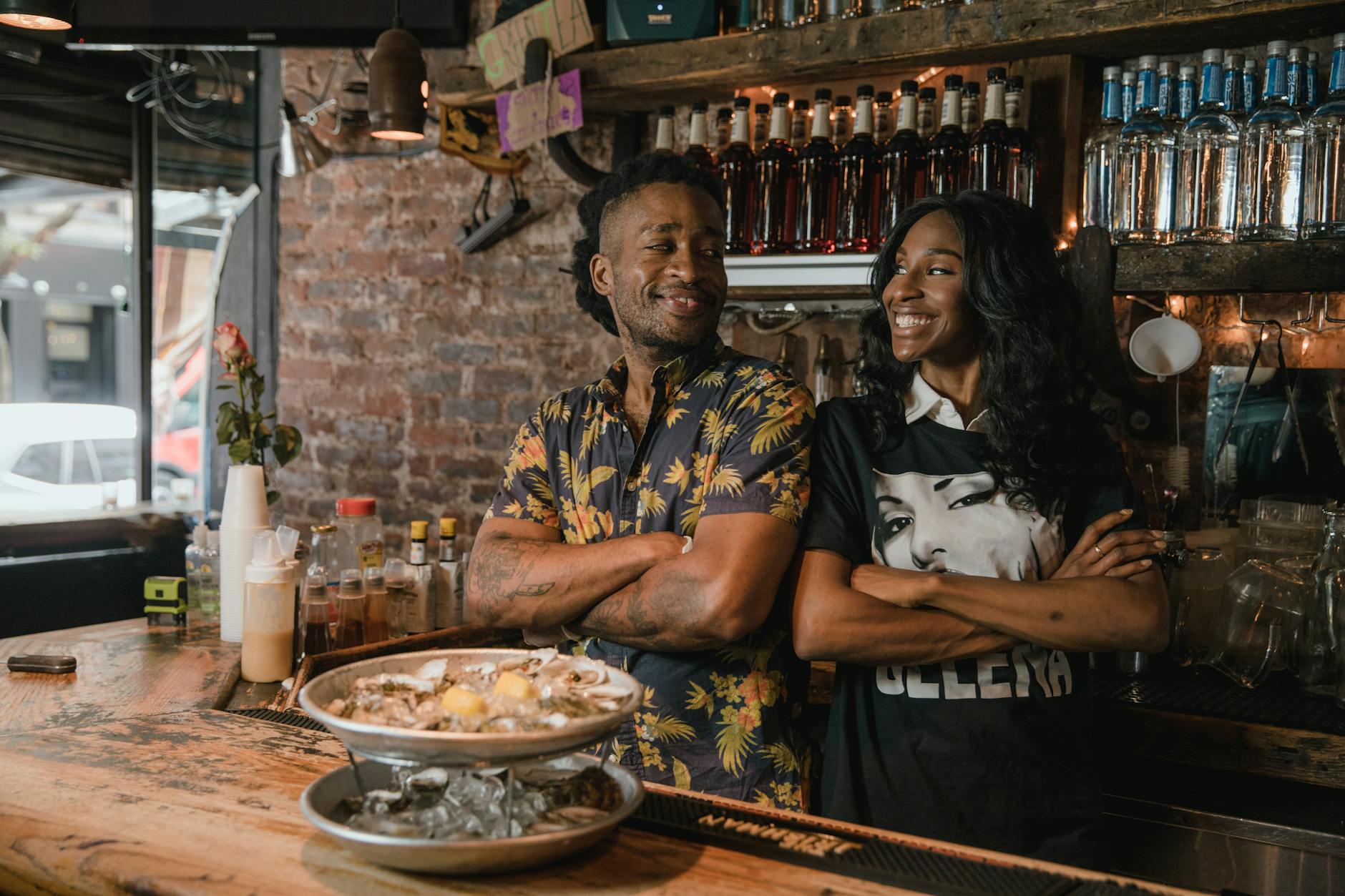 man and woman at bar counter