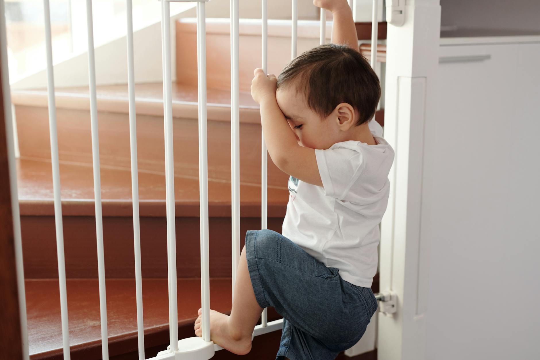 little boy trying to climb up a stair gate How to Create a Kid-Friendly Home Without Sacrificing Style