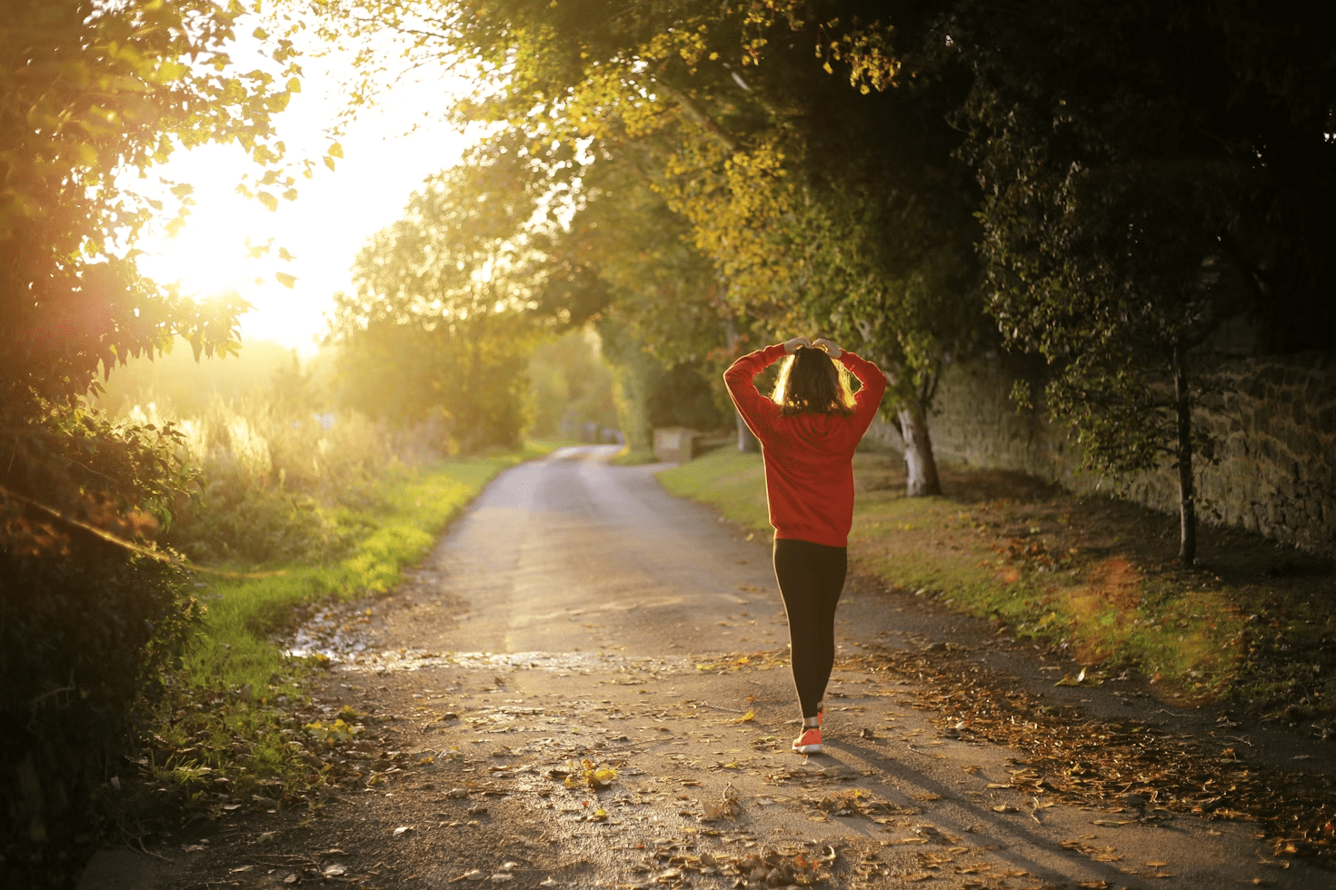 7 Proven Calming Techniques for Your Racing Mind 11 A person in a red sweater walking on a tree-lined pathway during sunset, enjoying the serene atmosphere. Calming Techniques for When Your Thoughts Feel Out of Control