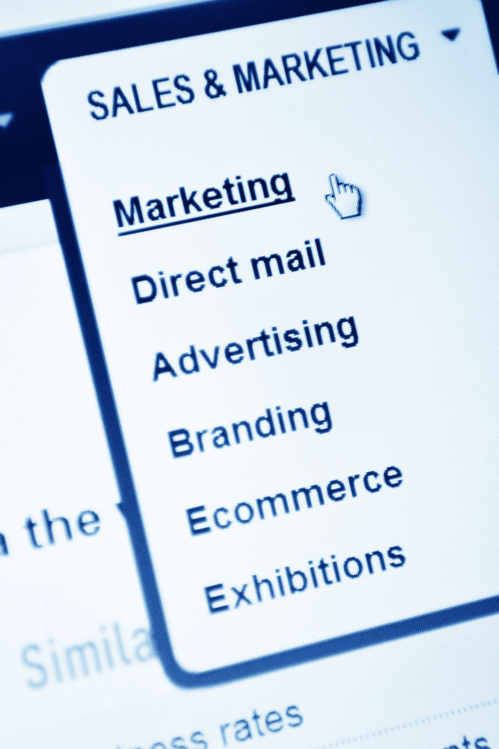 Screenshot of a digital interface displaying sales and marketing categories, including options for marketing, direct mail, advertising, branding, e-commerce, and exhibitions. 10 Proven Tips for Finding Help with Your Marketing Strategy