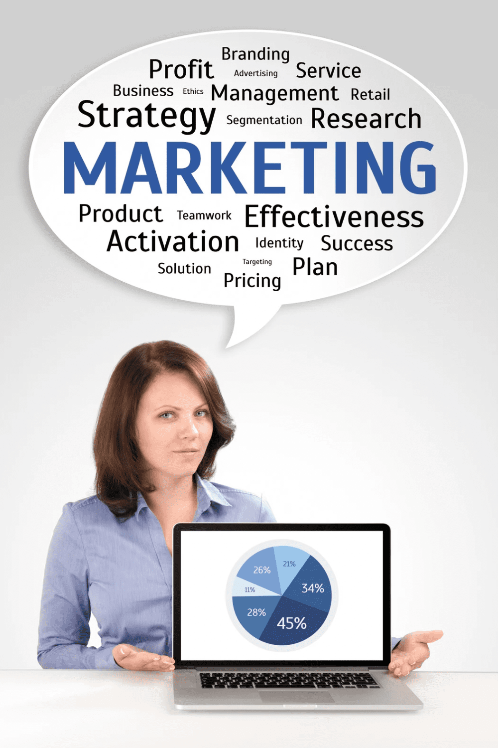 A woman in a blue shirt presenting a laptop with a colorful pie chart, surrounded by marketing-related keywords in a thought bubble. 10 Proven Tips for Finding Help with Your Marketing Strategy
