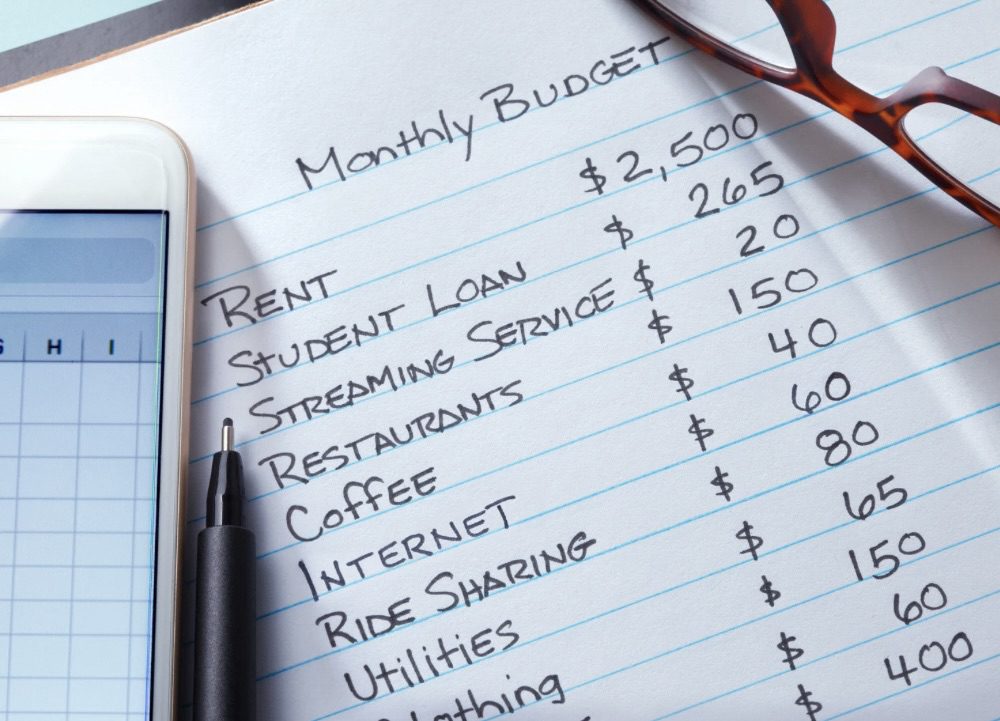 Close-up of a handwritten monthly budget on a notebook. The budget includes various expenses such as Rent, Student Loan, Streaming Service, Restaurants, Coffee, Internet, Ride Sharing, Utilities, and Clothing, with corresponding dollar amounts next to each item. A smartphone displaying a spreadsheet and a pen are also visible. Relocating for Work: 6 Smart Strategies for a Smooth Move