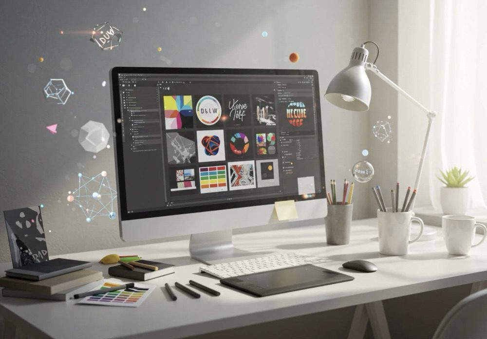 A modern workspace featuring a computer displaying design software, surrounded by colorful design elements, tools, and stationery items on a desk. 10 Proven Tips for Finding Help with Your Marketing Strategy