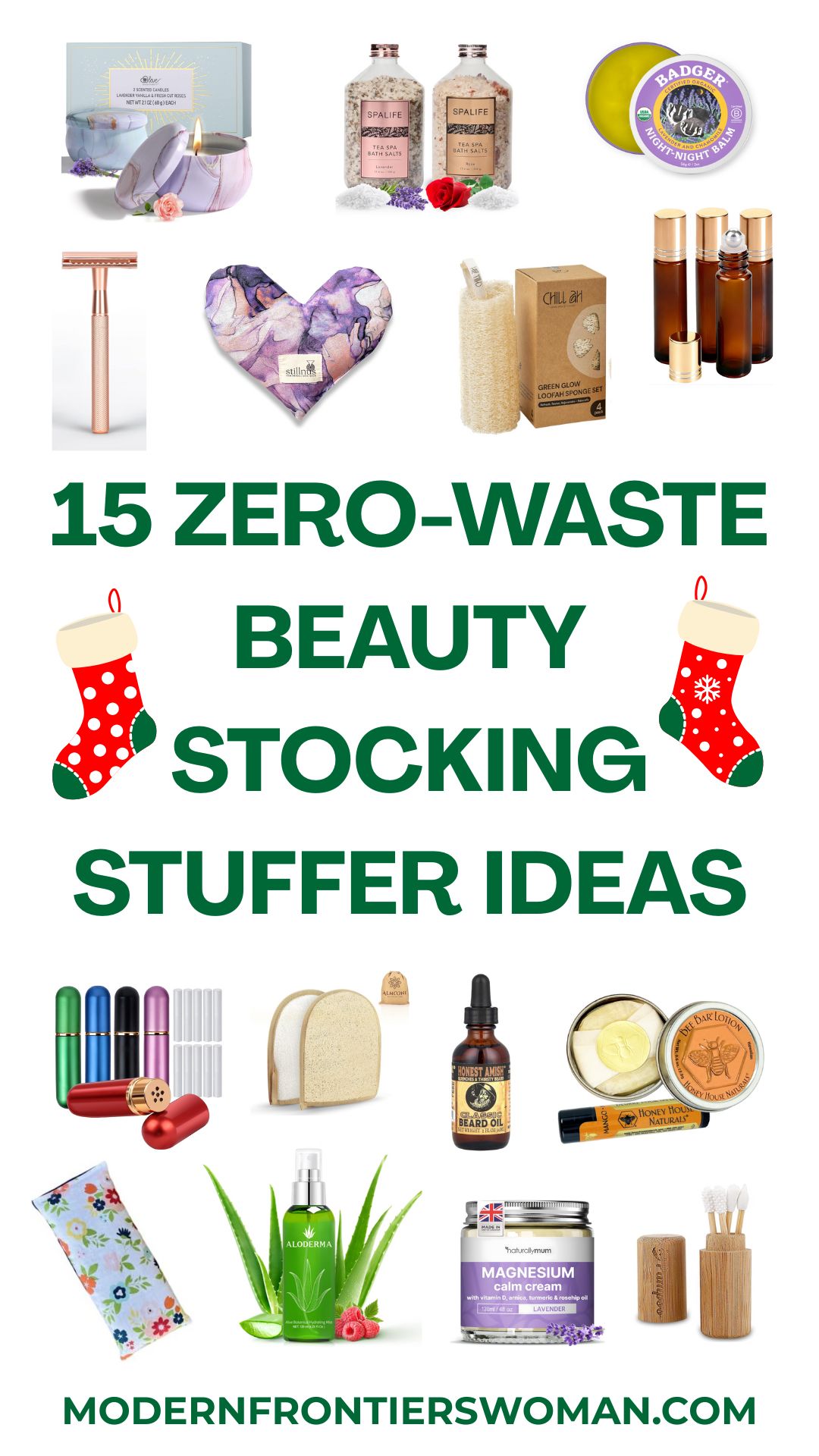 An assortment of zero-waste beauty stocking stuffer ideas, including natural bath salts, a safety razor, aromatherapy products, and eco-friendly skincare items, with a festive theme. 15 Zero-Waste Beauty Stocking Stuffer Ideas