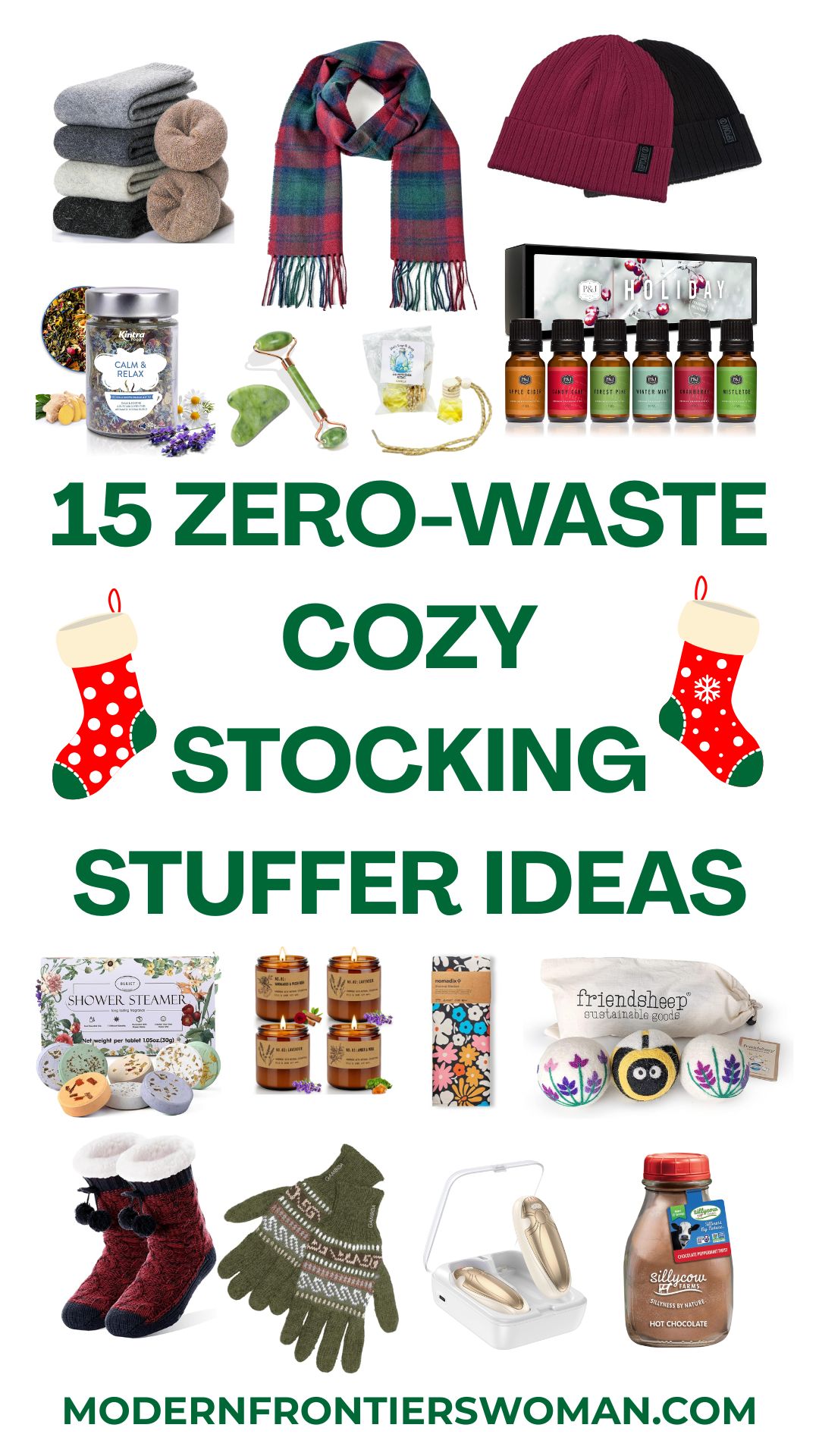 A collection of cozy, zero-waste stocking stuffer ideas including socks, hats, a scarf, essential oils, candles, shower steamers, hot chocolate, and more, all displayed attractively.