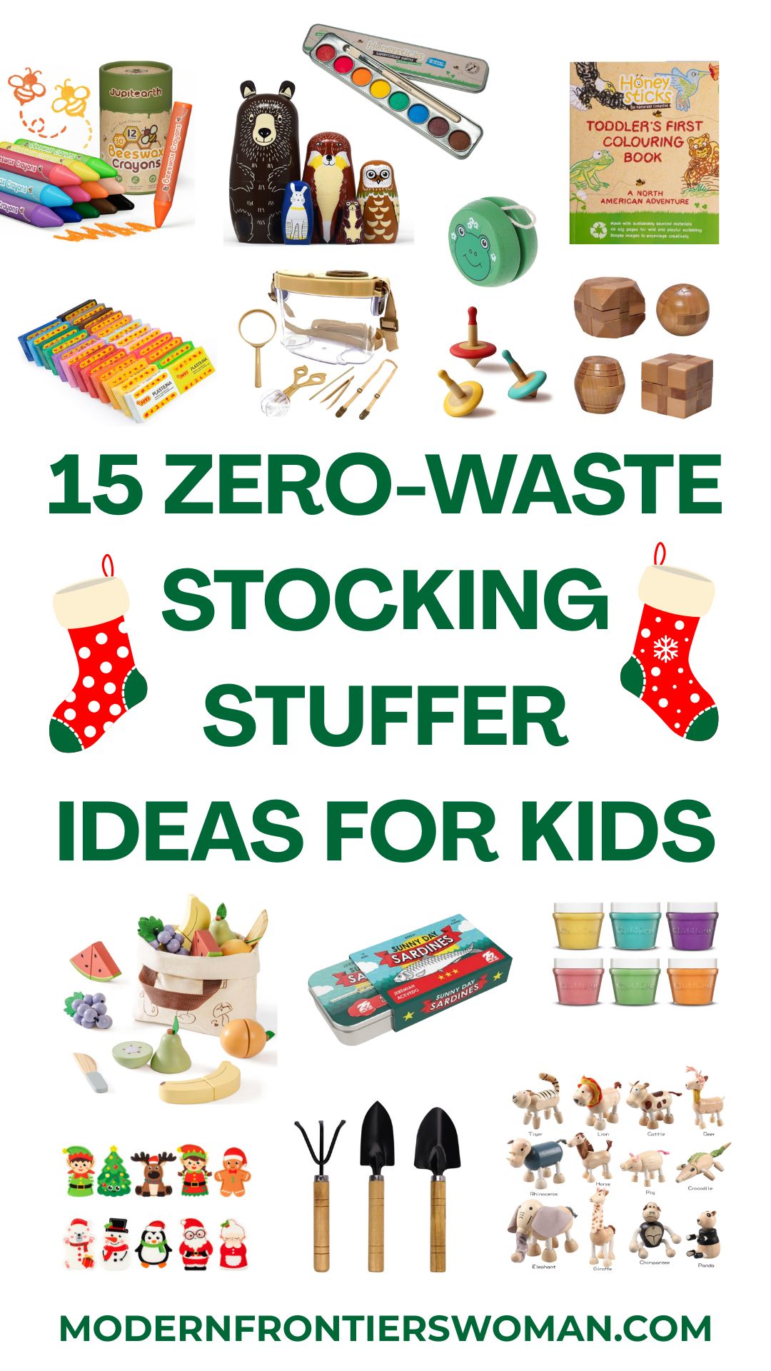 A colorful collection of zero-waste stocking stuffer ideas for kids, featuring beeswax crayons, watercolors, wooden toys, and eco-friendly games, arranged around the text '15 ZERO-WASTE STOCKING STUFFER IDEAS FOR KIDS'.