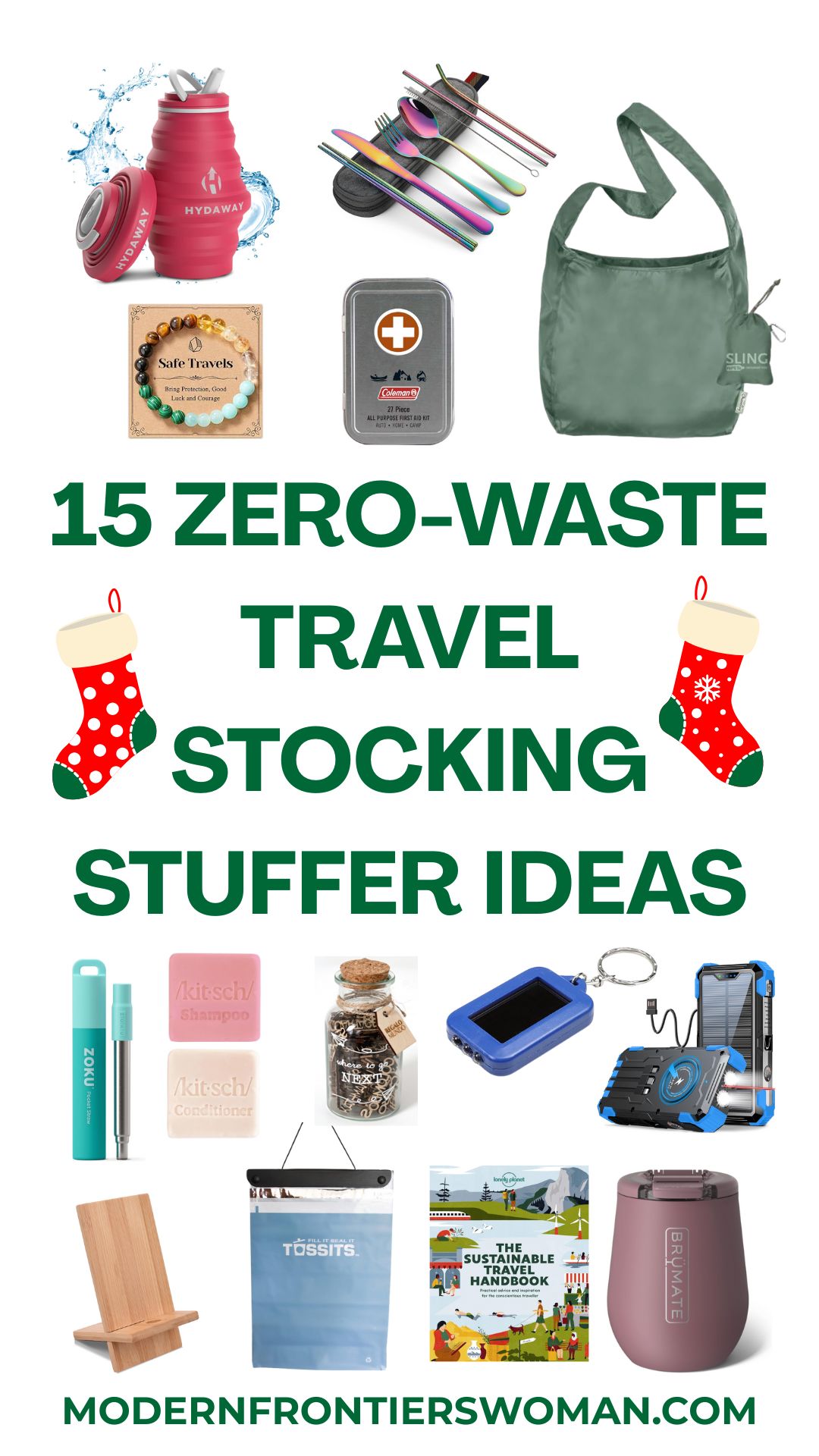 A collection of eco-friendly travel stocking stuffer ideas, including a collapsible water bottle, reusable utensils, natural skincare bars, and a solar charger, arranged around a festive holiday-themed background.