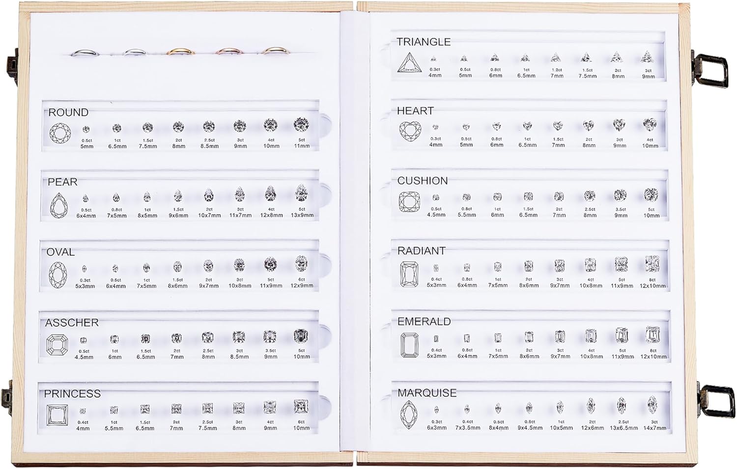 A display page showing various diamond shapes and their sizes, including round, pear, oval, triangle, heart, cushion, radiant, emerald, princess, and marquise. Best Diamond Gold Stud Earrings for Women