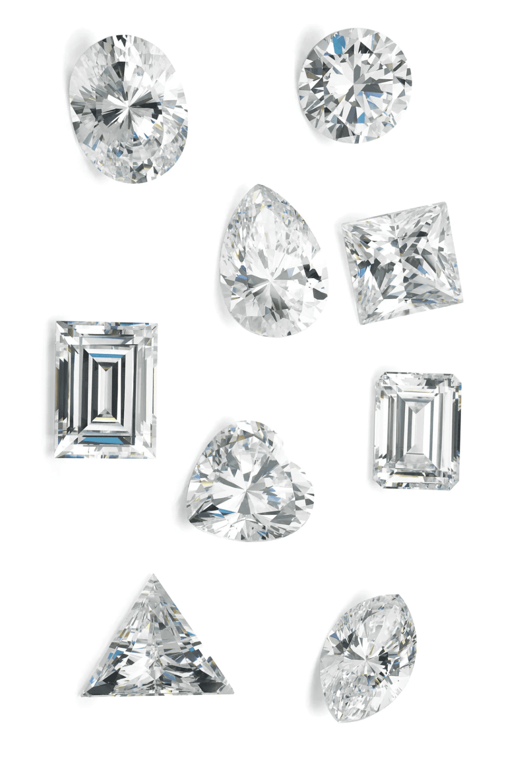 An arrangement of various diamond shapes including round, pear, princess, heart, and emerald cuts, displayed against a white background. Best Diamond Gold Stud Earrings for Women