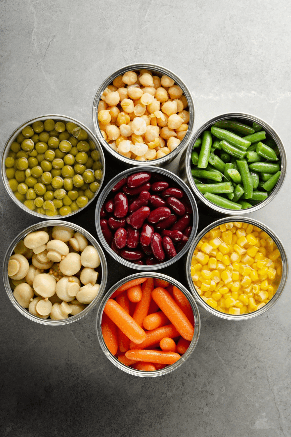 Assorted canned vegetables including green peas, chickpeas, red kidney beans, corn, green beans, and carrots arranged in metallic cans on a gray surface. 30 Essential Winter Pantry Staples for a Self-Sufficient Kitchen