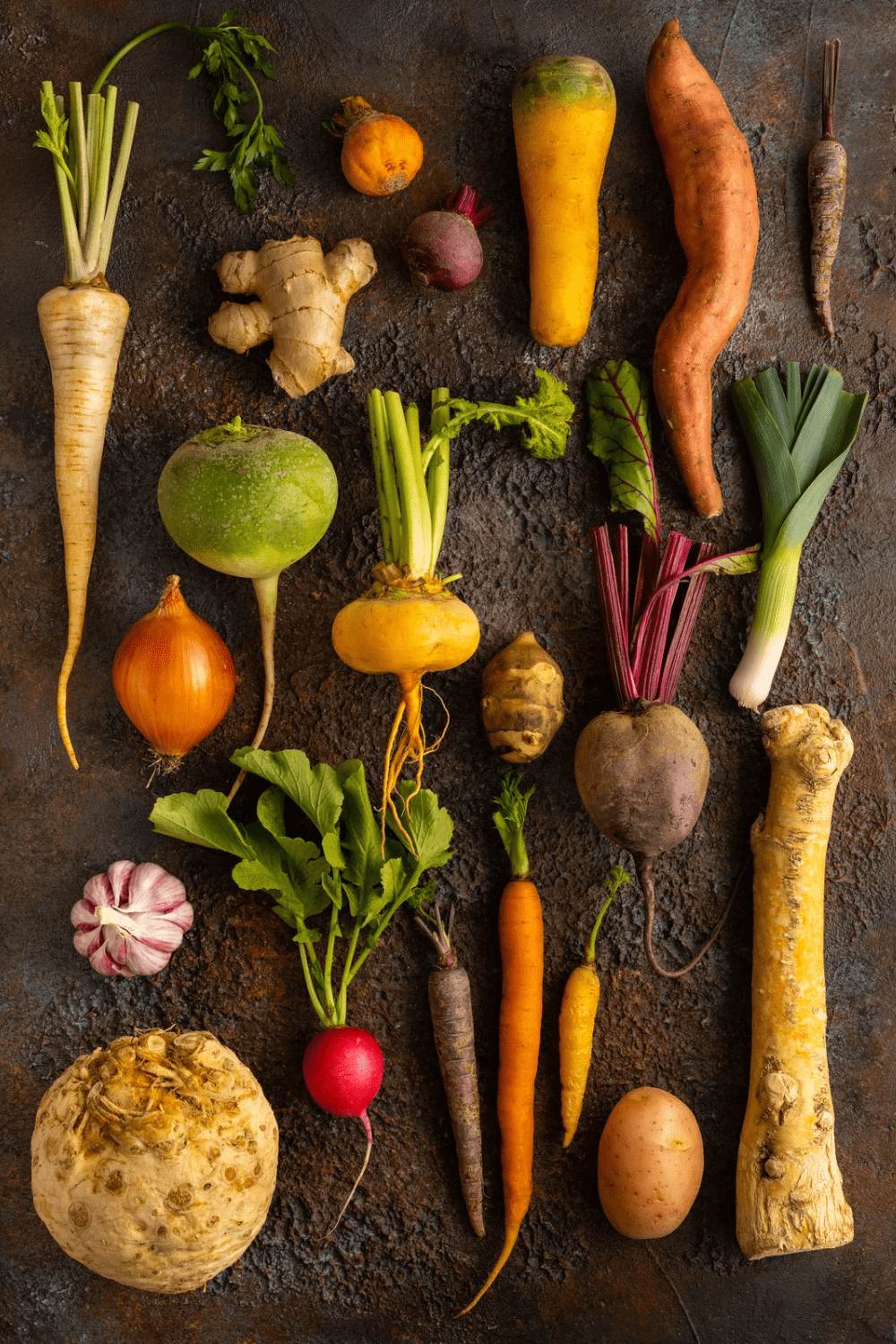 A flat lay of assorted winter root vegetables, including parsnips, ginger, turnips, sweet potatoes, leeks, and carrots, arranged on a dark textured surface. 30 Essential Winter Pantry Staples for a Self-Sufficient Kitchen