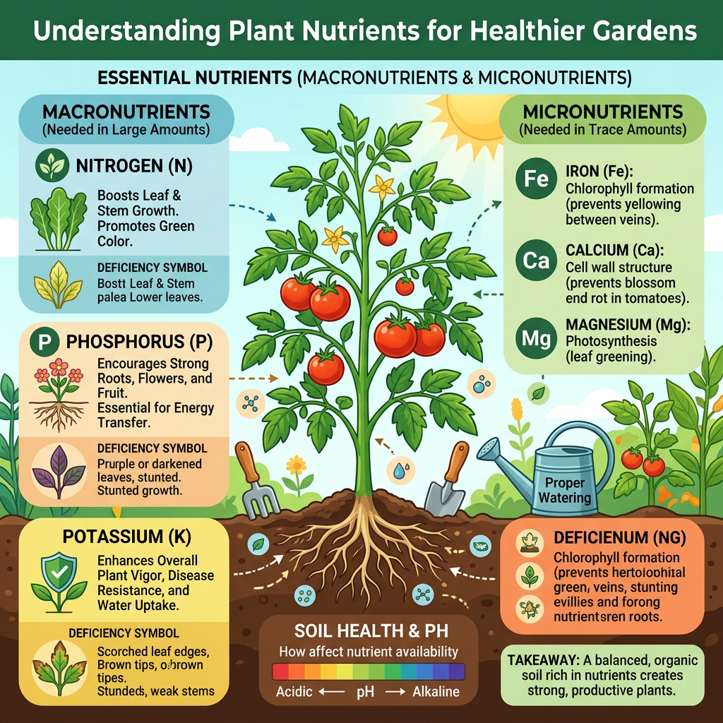 Understanding Plant Nutrients for Healthier Gardens 14 Infographic explaining nitrogen, phosphorus, potassium, iron, calcium, and magnesium for plant health